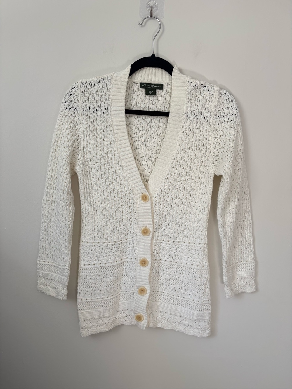 Eddie Bauer White Open Knit Button Front Cardigan Size Small 100% Cotton - Picture 2 of 14